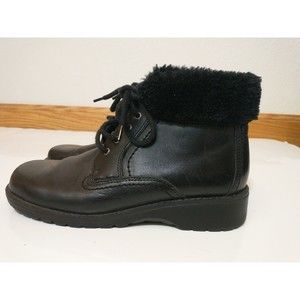Thom McAn Ankle Boots Faux Fur Trim Black Leather Lace Up Melody Womens Size 6.5